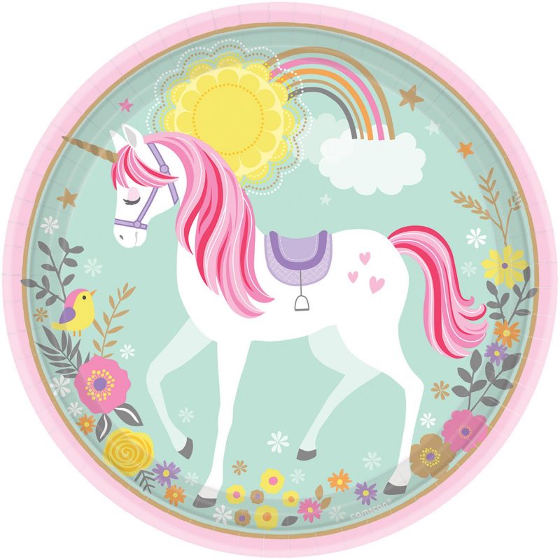 8 assiettes d'anniversaire licorne 18 cm