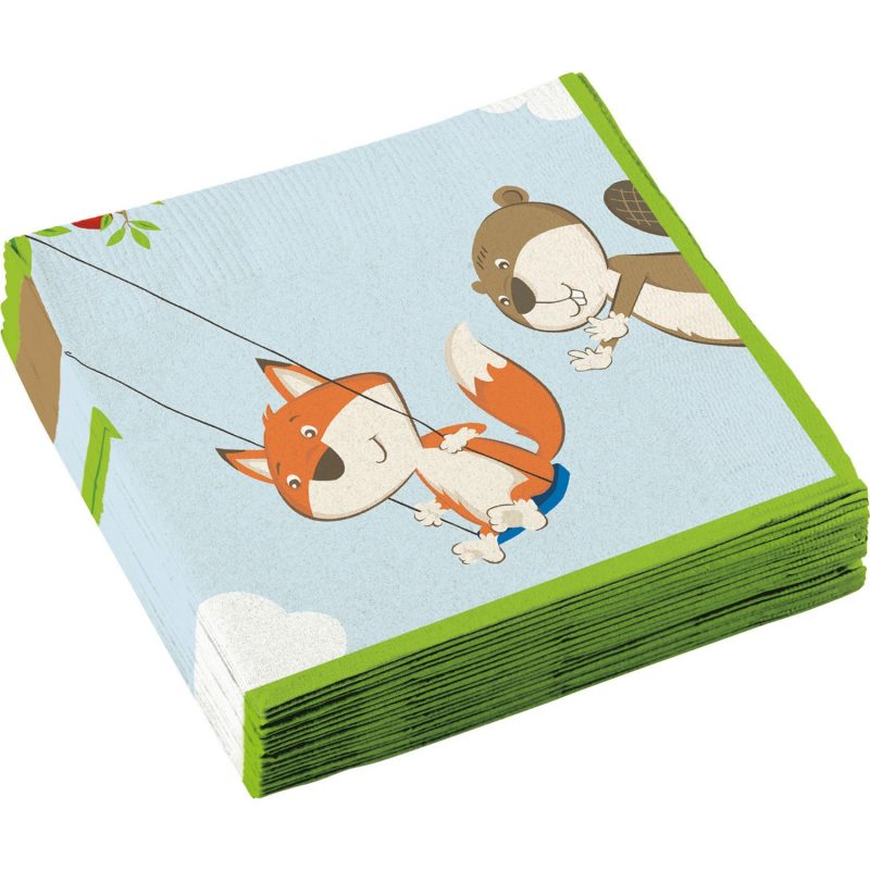 20 serviettes d'anniversaire marmotte et renard 33x33