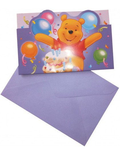6 cartes d'invitation et enveloppes d'anniversaire Winnie