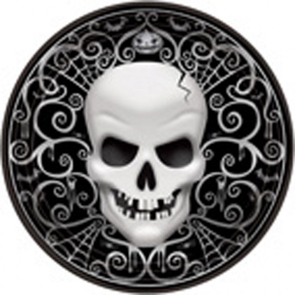 Assiettes plates Halloween noires tête de mort