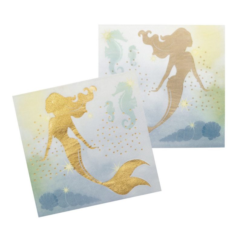 12 serviettes sirènes bleues et dorées 33x33 cm