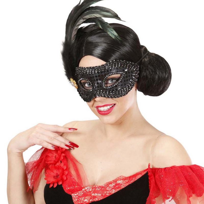 Loup noir à strass et plumes