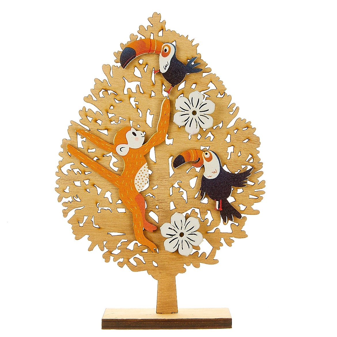 Centre de table arbre avec singe et toucan 1 Centre de table arbre en bois avec singe et toucan 20cm