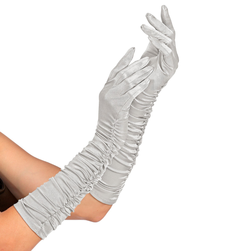 Gants en satin plissés argent