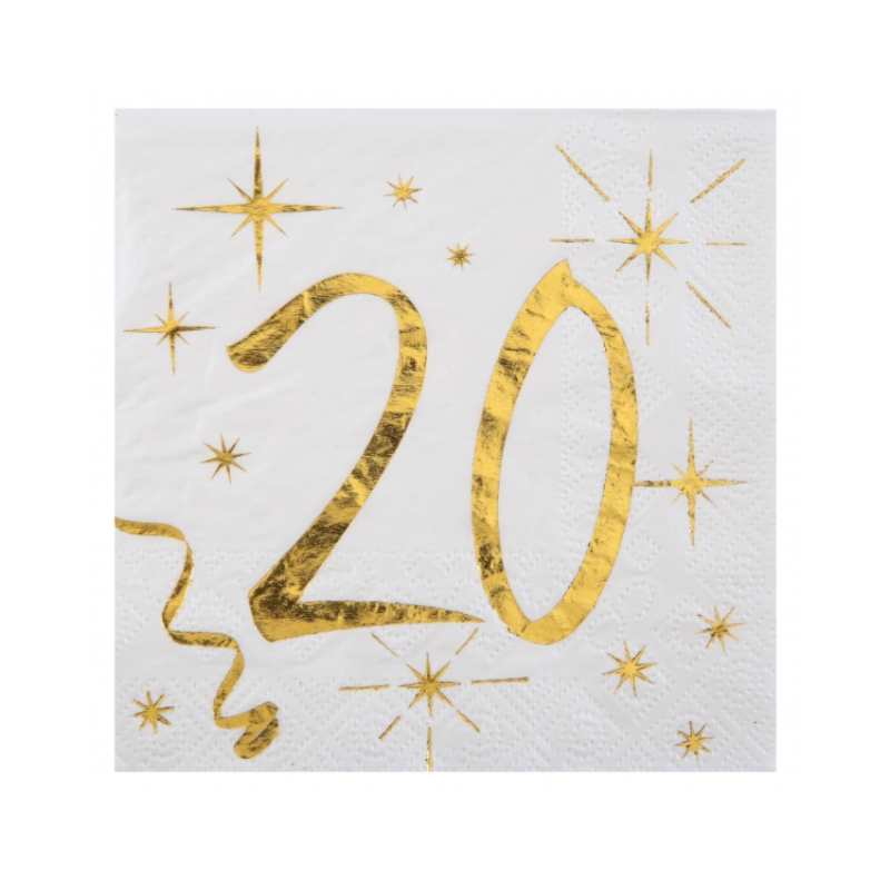 Serviettes 20 ans blanc et or