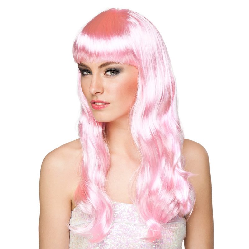Perruque longue à frange rose pâle